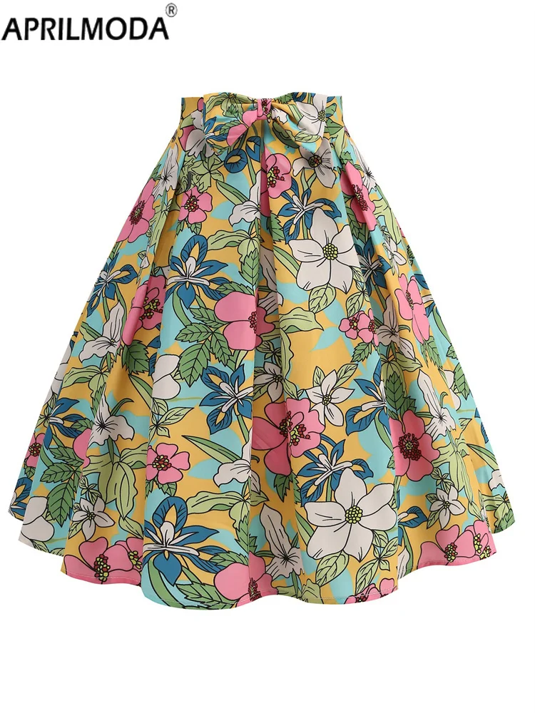 

Elegant Women A Line Pleated Skirts with Bow 2024 High Waist Floral Print 50s 60s Flare Tea Runway Midi Party Skirts