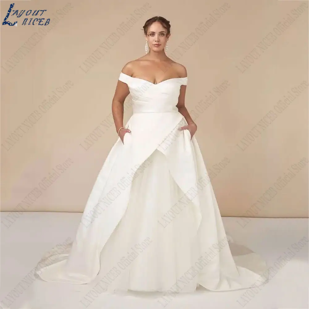 

LAYOUT NICEB Off Shoulder Satin Wedding Dress Sleeveless Backless Bride Gowns Plus Size Back Button свадебное платье Custom Made