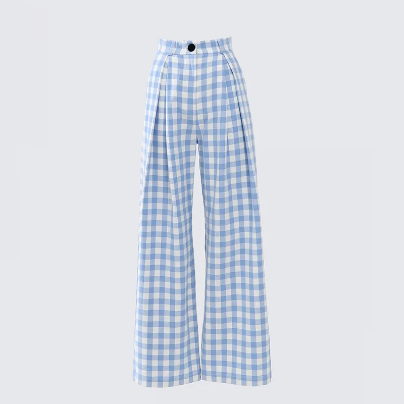 Retro high waisted loose wide leg pants look slim, checkered casual pants, women's lazy style, spring and summer new items