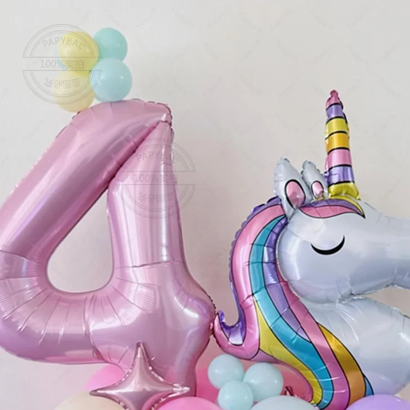 52szt Rainbow Unicorn Theme Balloon Column 32inch Pink Number 1-9th Girl Birthday Party Favors Baby Shower Decorative Balloons