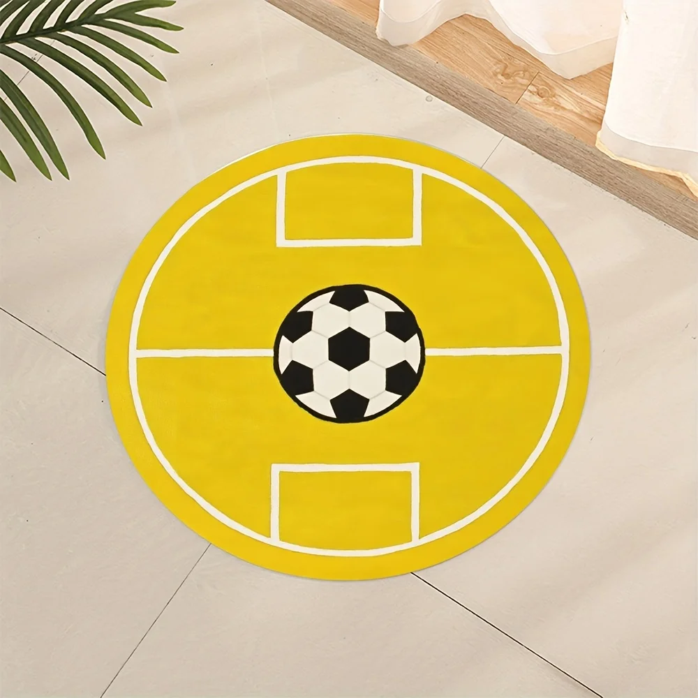 Yellow Soccer Field Round Rug Football Design Kids Room Playroom Floor Mat Soft Flannel Non Slip Childrens AreaCarpetSportsTheme