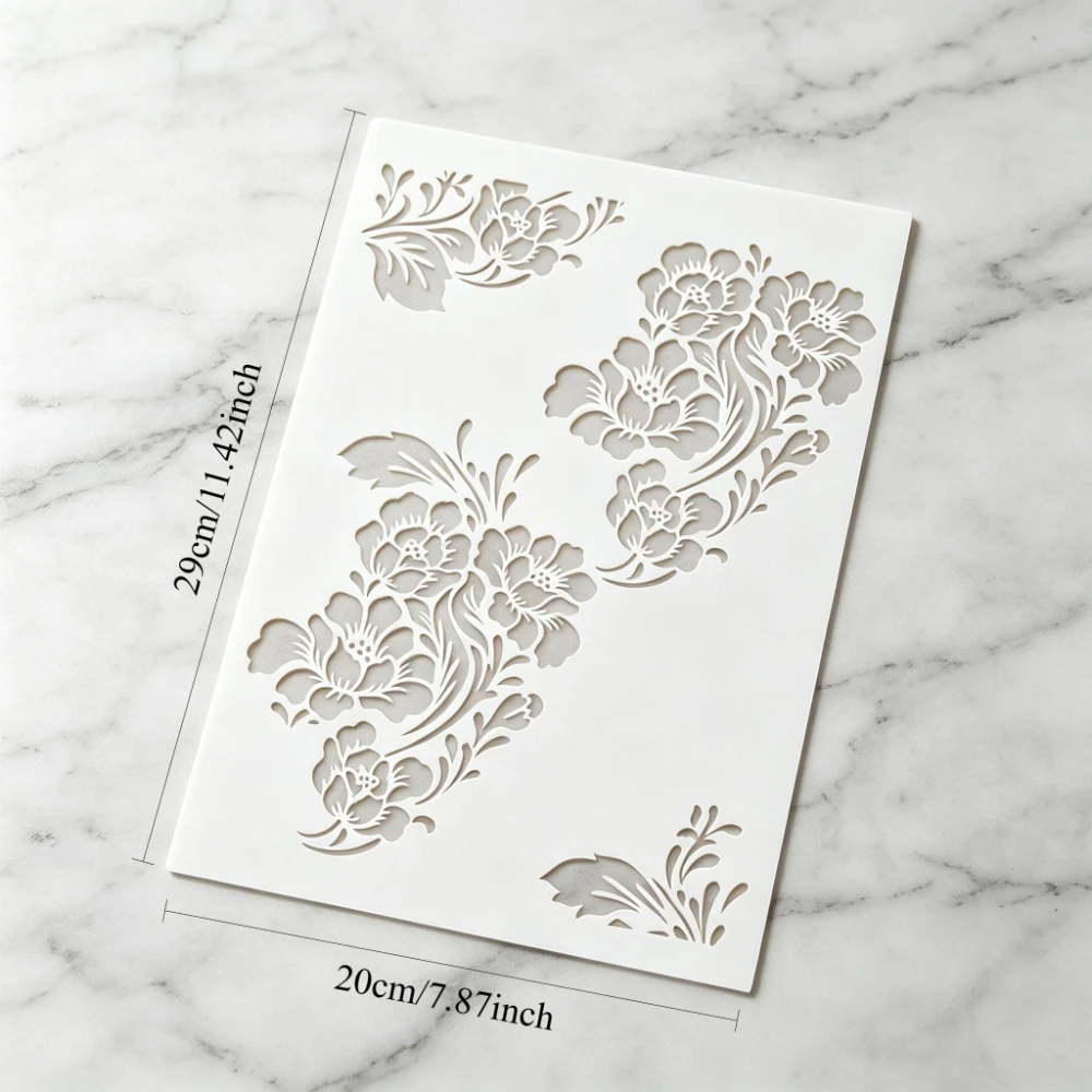 Food‑Grade PET Reusable Vintage Floral Cake Stencil 29x20cm, Hollow DIY Template for Cake Side Fondant Cookie Baking Supplies