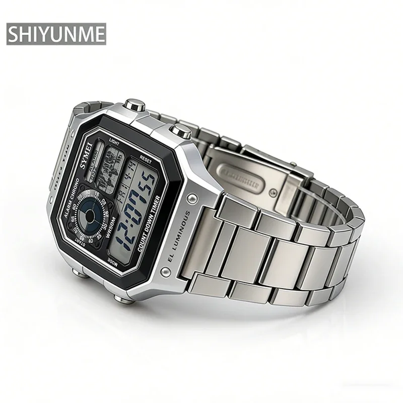 SHIYUNME 1pc Square Luxury Men's Electronic Watch Multifunction LED Luminous 5Bar Waterproof Fashion Men's Sport Digital Watch