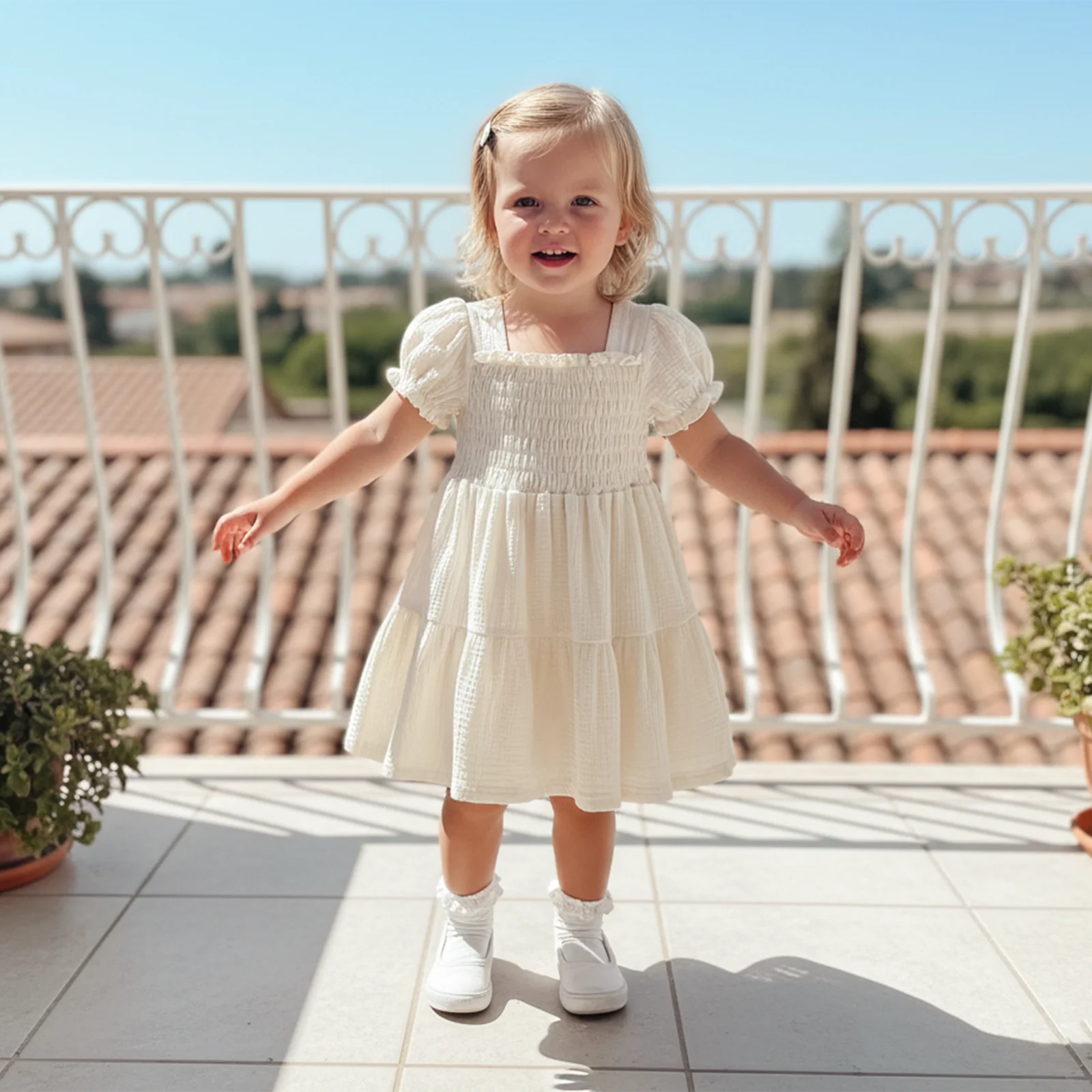ملابس الأطفال الصغار فستان صيفي للفتيات بأكمام قصيرة منتفخة ورقبة مربعة على شكل حرف A فساتين الأميرة #4