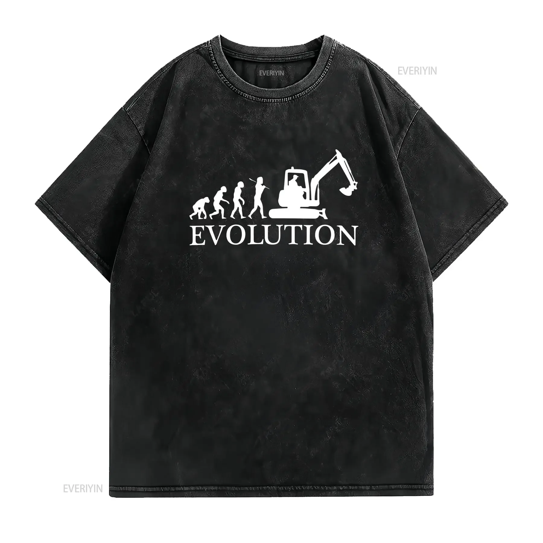 Funny Excavator Evolution Print Casual T Shirt vintage Washed Soft graphic Unisex Stretched fashion Breathable Stylish