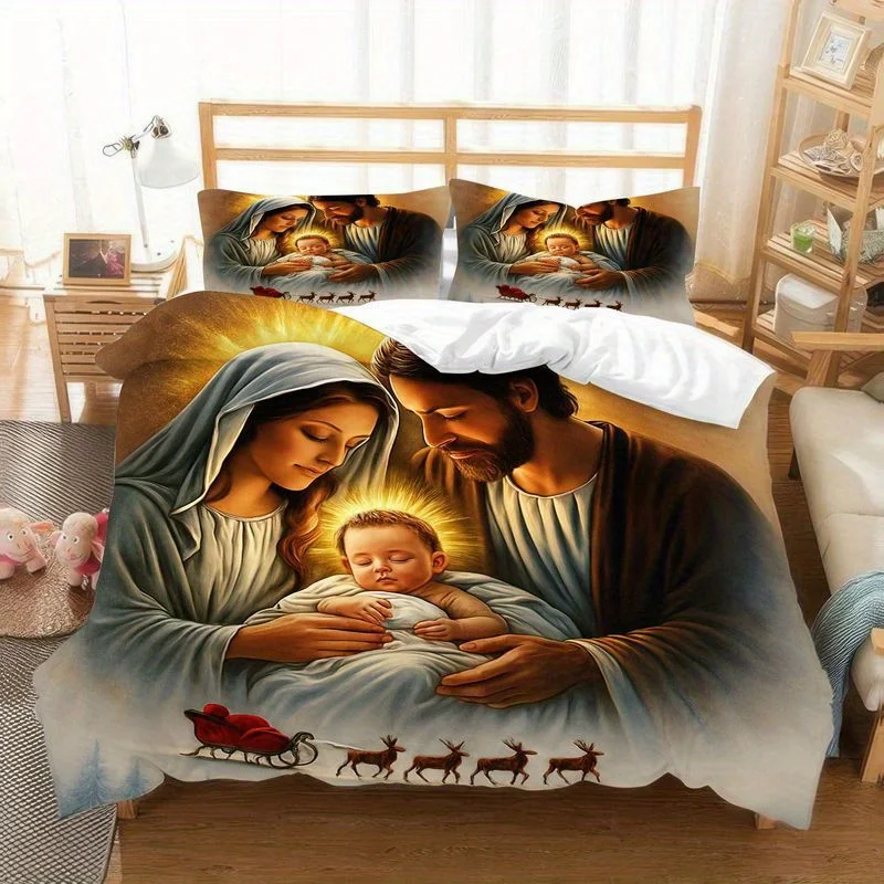 Set of 3 Nativity Scene Featuring The Holy Family, Christmas-Themed Duvet Cover And Pillowcase, with a Radiant Design