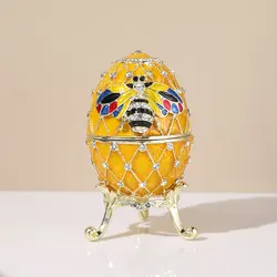 SIQIZHOU 1Pc Vintage Yellow Easter Egg Style Enameled Trinket Box with Bee, Crystals Jewelry Box,Unique Gift for Family