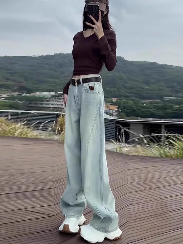 التخسيس ضوء Waed مستقيم الساق الجينز المرأة فضفاضة تناسب عالية الخصر بنطال ذو قصة أرجل واسعة عادية Sle الصيف الجينز #1