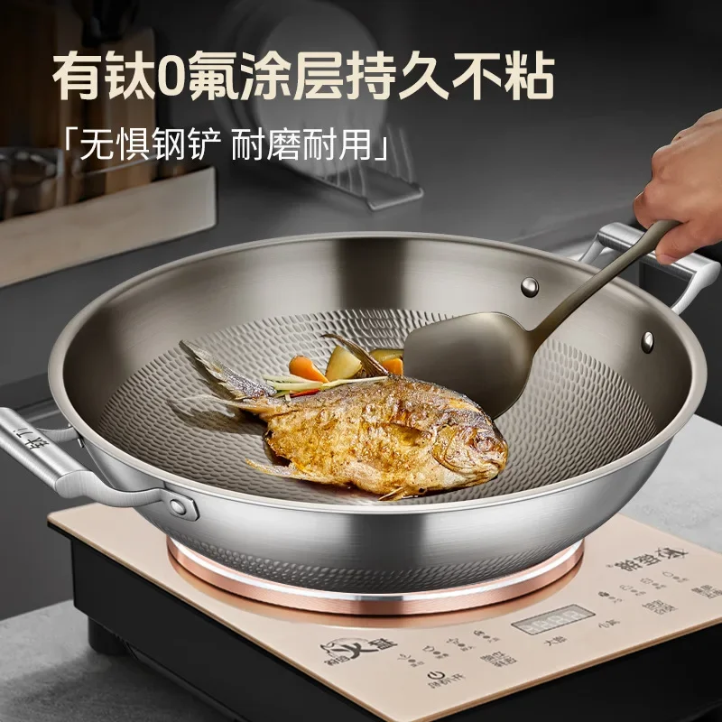 Titanium Non-Stick Frying Pan for Home Use, Double Handle, Uncoated, Large Size, Suitable for Gas Stove and Induction Cooker