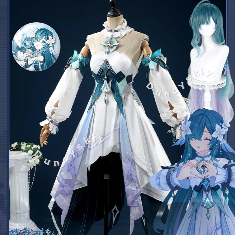 Genshin Impact Vodyanitsa Kopfbedeckung Perücken Cosplay Kostüm Spiel Hochwertige 3D-gedruckte Requisiten Kleid Weihnachten Halloween Abzeichen 58mm