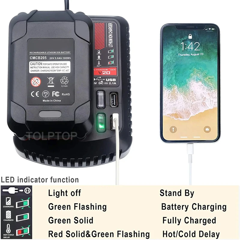 For Craftsman 20V Li-ion Battery Charger Fast Charging Replacement charger CMCB102 CMCB104 CMCB202 With Dual USB Port