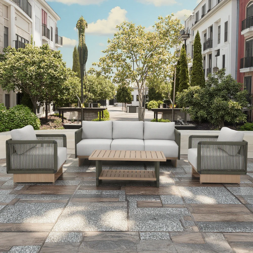 

Commercial Aluminum Rope Garden Sofa Set - 2 Singles + 3-Seater & Table with Reinforced Frame & Spunpoly Fabric | Costom