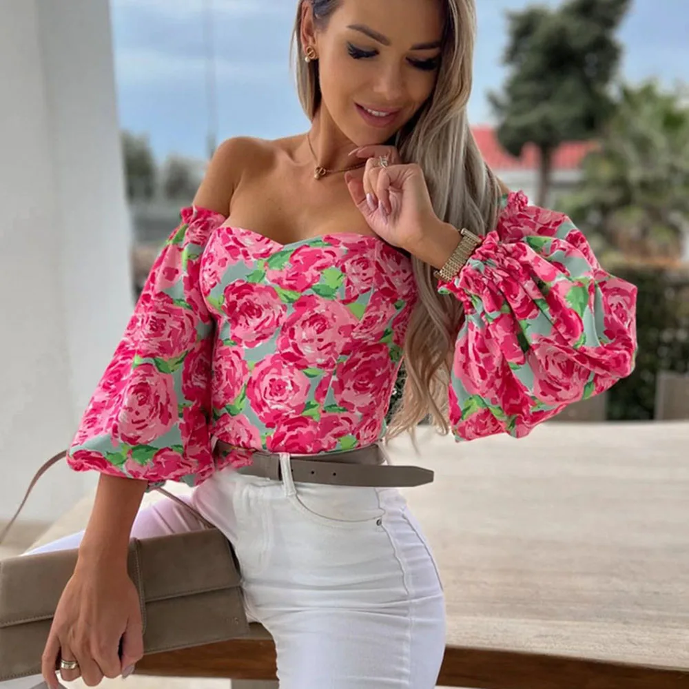 Women Sexy Top Summer Off Shoulder Floral Blouses Women 2022 Boho Casual Backless Blouse Female Holiday Slash Neck Tops Clothing