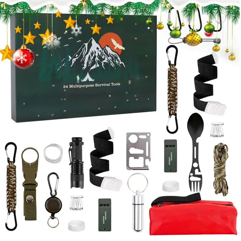 Advent Calendar Survival Kits for Men 24 Days Christmas Countdown Calendar Outdoor Camping Supplies Multi Tools Set Xmas Gifts