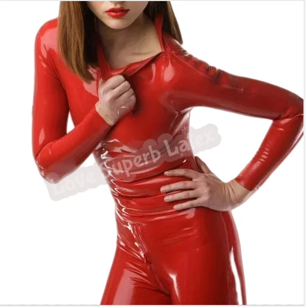 

Woman Latex Catsuit Double Shoulder Zippers and Crotch Zip Rubber Bodysuit Tight Rubber Latex Catsuit With Sock Attached
