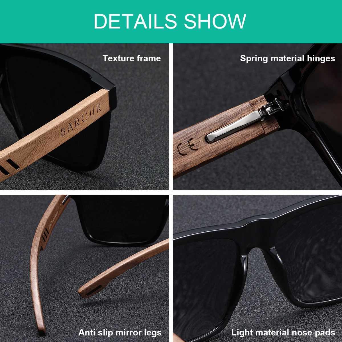 BARCUR Retro Full Frame Square Men's Polarized Sunglasses Imitation Wood Grain Advanced Design UV400 Protective Women Sunglasses