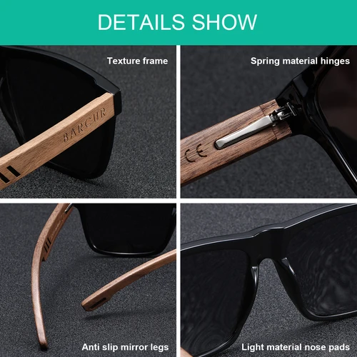 Imagen 2 del producto BARCUR Retro Full Frame Square gafas de sol polarizadas para hombres imitación de grano de madera diseño avanzado UV400 gafas de sol protectoras para mujeres