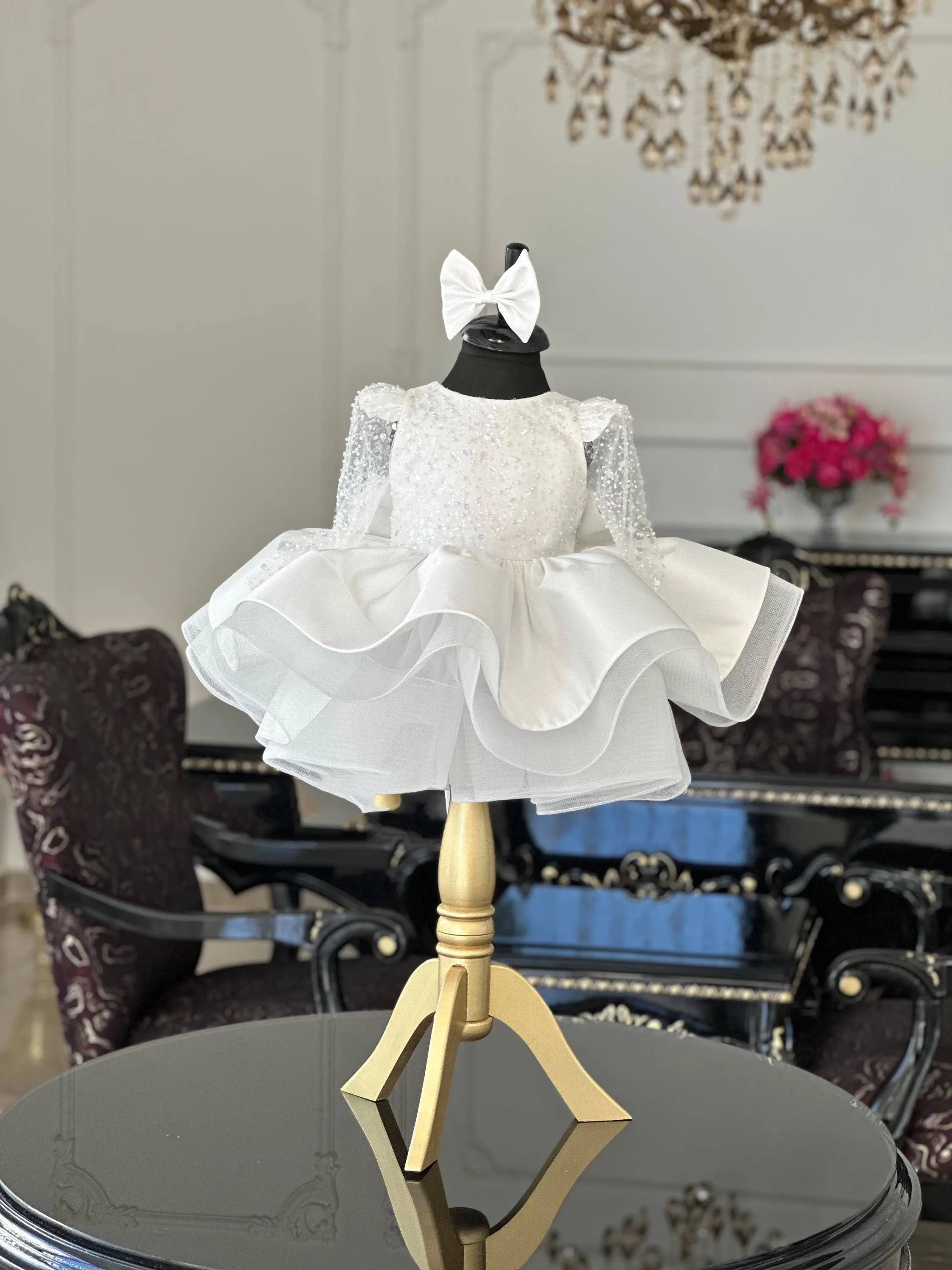 Abito da ragazza di fiore con paillettes bianco personalizzato per matrimonio Abito da ballo per prima comunione in tulle gonfio da principessa per bambini Festa di compleanno personalizzato