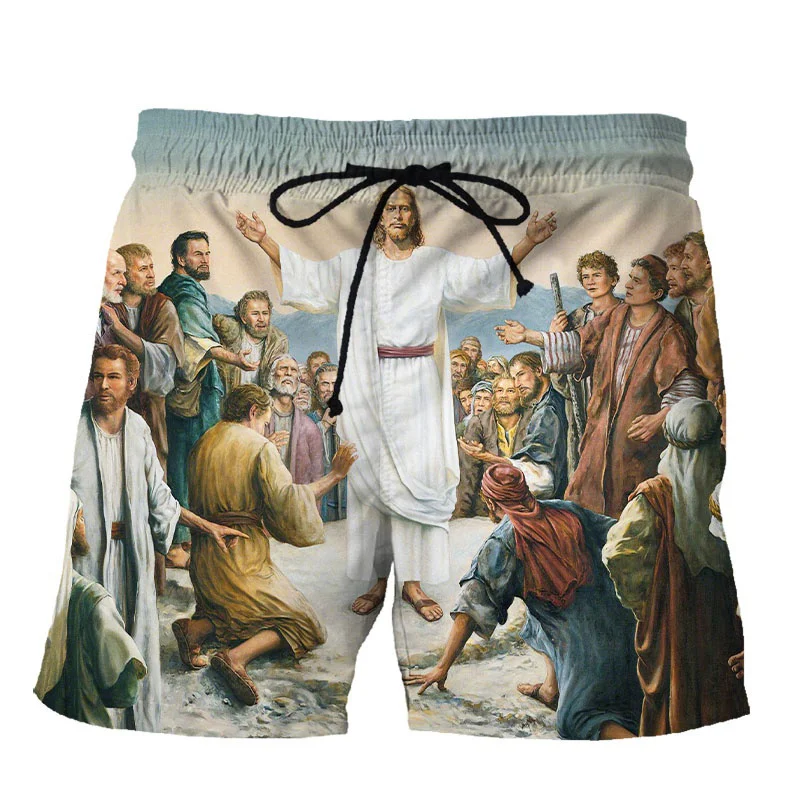 Calça curta estampada de Jesus para homens e mulheres, calção de praia, 3D, extragrande, calção de rua, legal, cristão, verão, venda quente