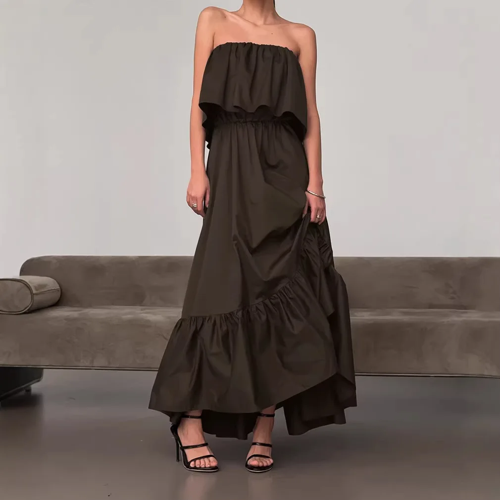 

Новинка 2026: Модное элегантное длинное платье без бретелек с рюшами для женщин, для офиса и повседневной носки