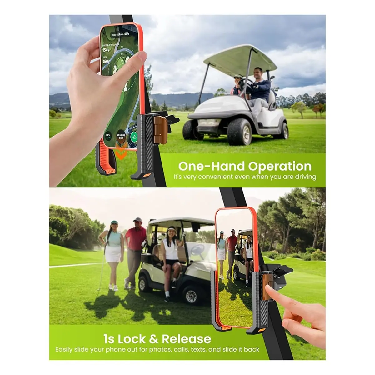 Homegood Golf Cart Phone Holder Mount - 3s Phone Clip Install, 1s Lock & Release,for Phone Caddy for IPhone Galaxy