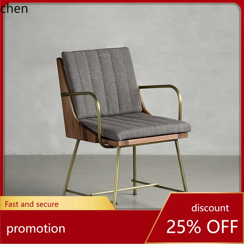 HT Expression Retro Industrial Style Walnut Wood Armchair with Seat and Bronze Armrest Dining Chair