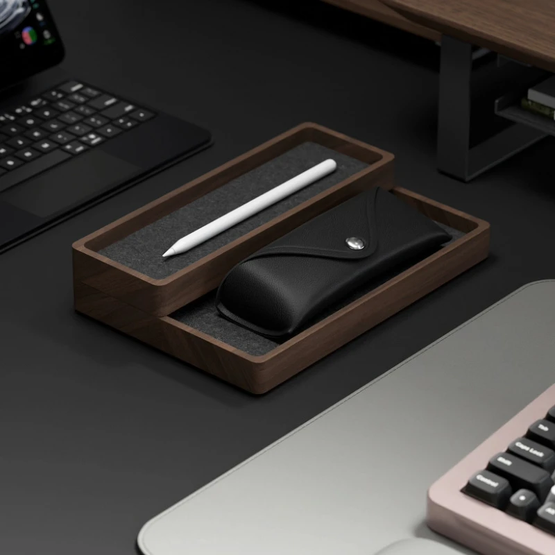 North American Black Walnut Tray Rectangular Desk Organizer Box Stackable Pen Holder Tray Modern Workspace Desktop Storage Box