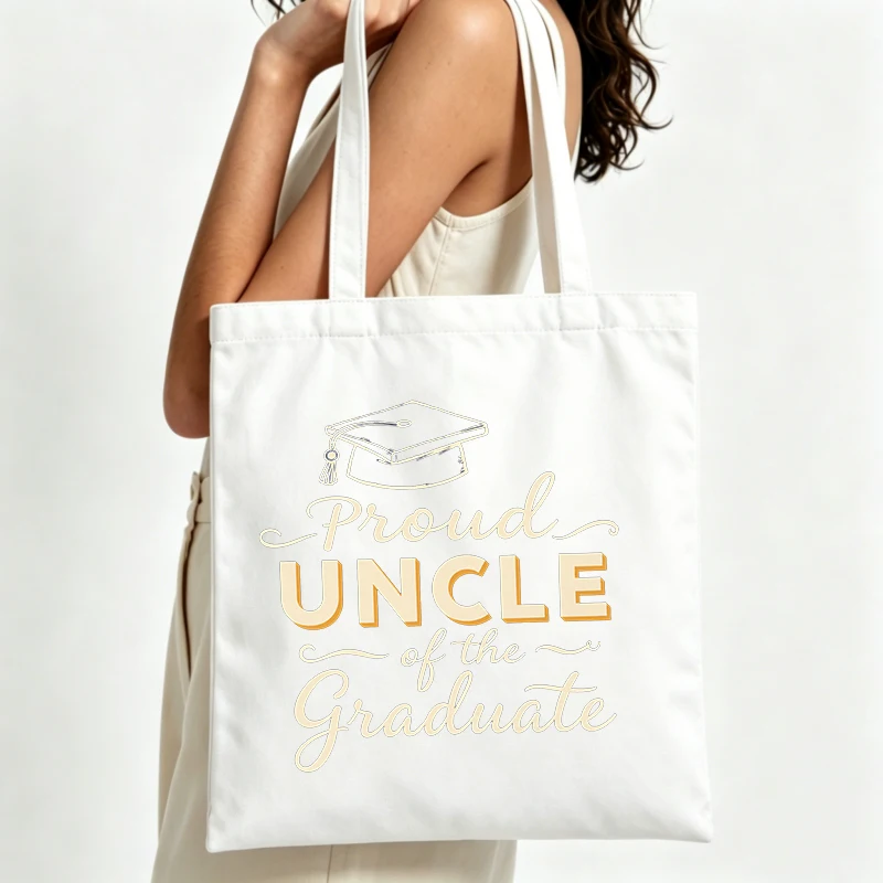Men's graduation cap and typography print canvas tote bag, casual style for graduation celebrations and daily use