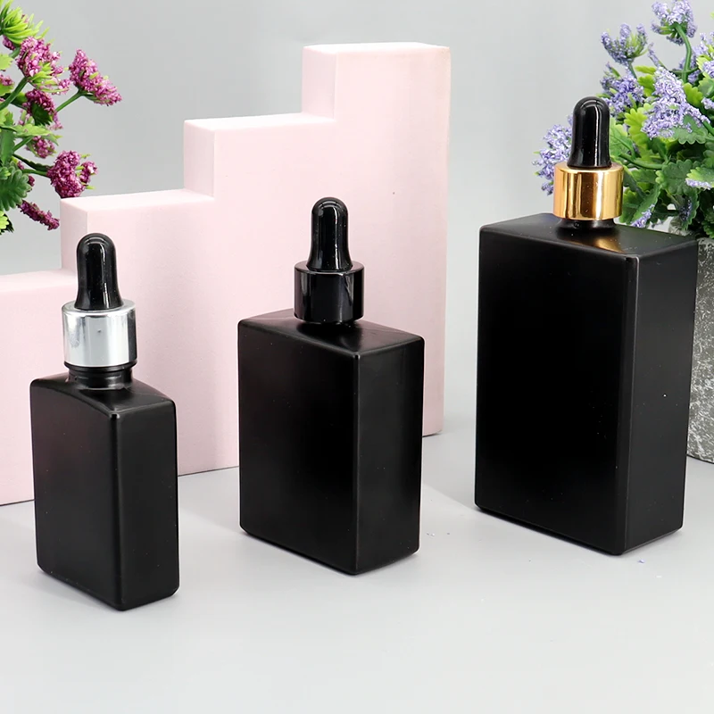 

6 x 50 ml Empty Frost Black Square Flat Glass Bottles With Aluminum Dropper 3.3oz Glass Container for E Liquid