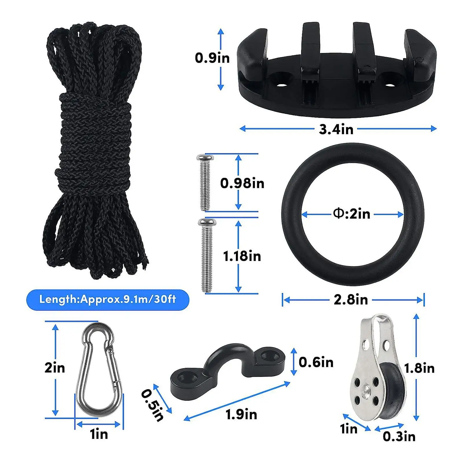 31Pcs Marine Kayak Canoe Anchor Trolley Kit Hardware Rigging Ring Pulley Rigging O Ring 30ft Rope for Fishing Boat Rubber Dinghy