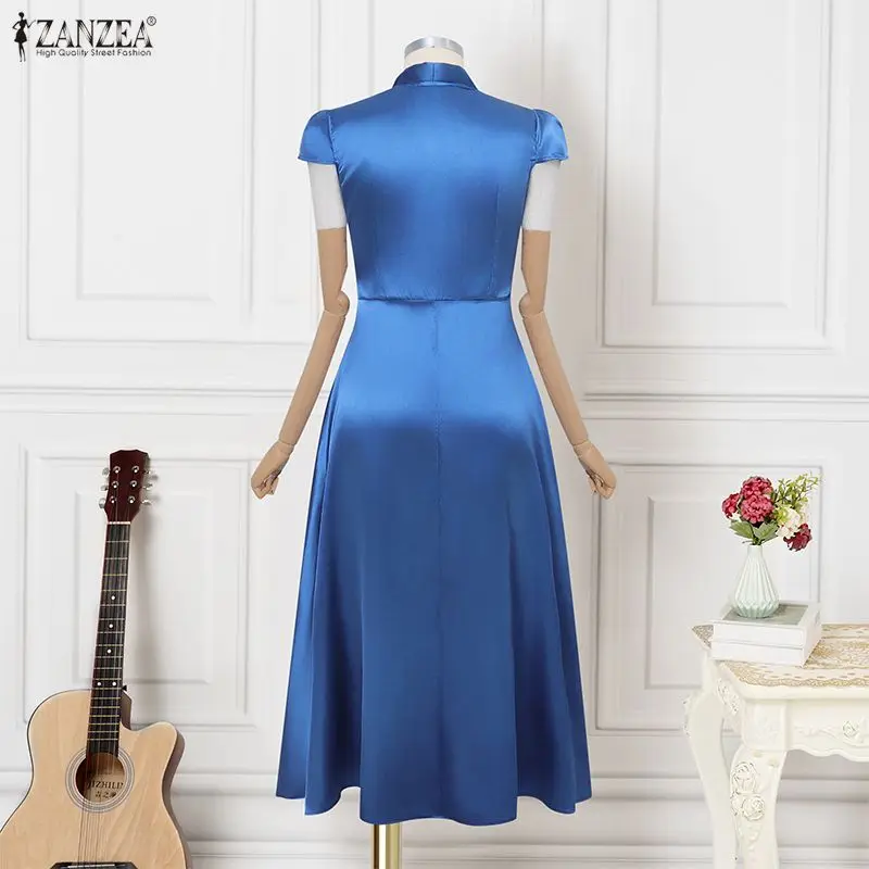 Women's Elegant Sophisticated Satin Party Dress V-Neck Short Sleeve Fit and Flare Long Dresses ZANZEA Evening Maxi Robes Femme