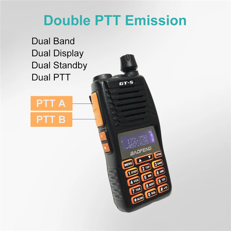 Baofeng GT-5 워키토키, 듀얼 밴드 듀얼 디스플레이, 듀얼 스탠바이 더블 PTT 방출 UV-82 업데이트 버전