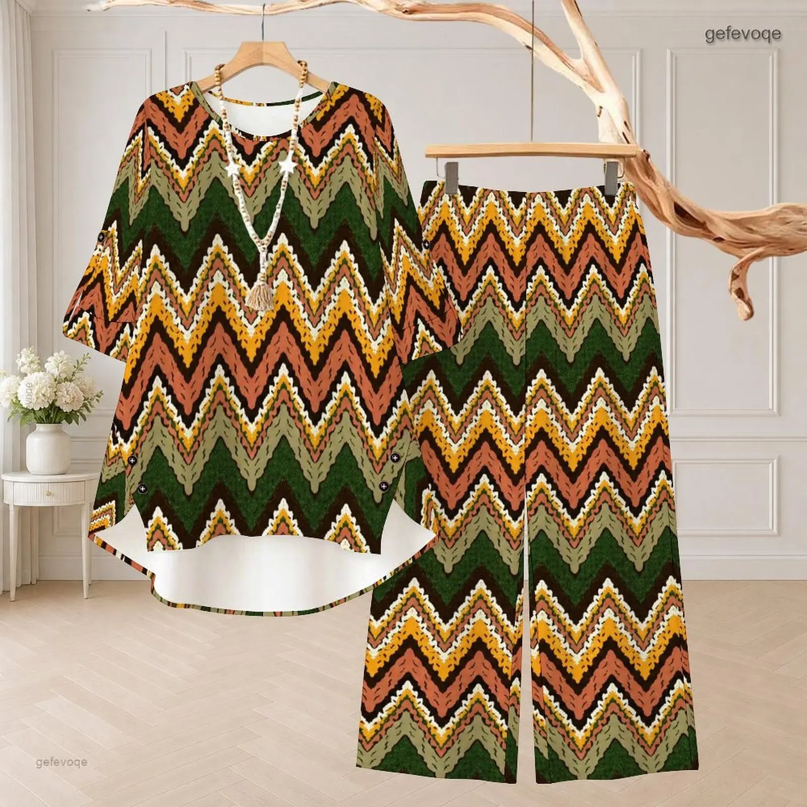 Women Geometric Maze Printed Round Neck 3/4 Sleeve High Low Top and Long Pants Two Piece Set