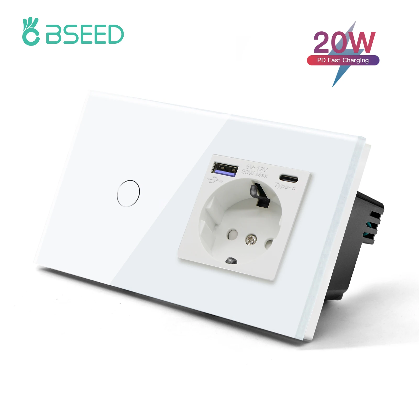 BSEED Touch Switch With EU Socket Fast Charge 20W Wall Light Switch 1/2/3Gang 1Way Glass Panel Backlight USB Phone Wall Socket