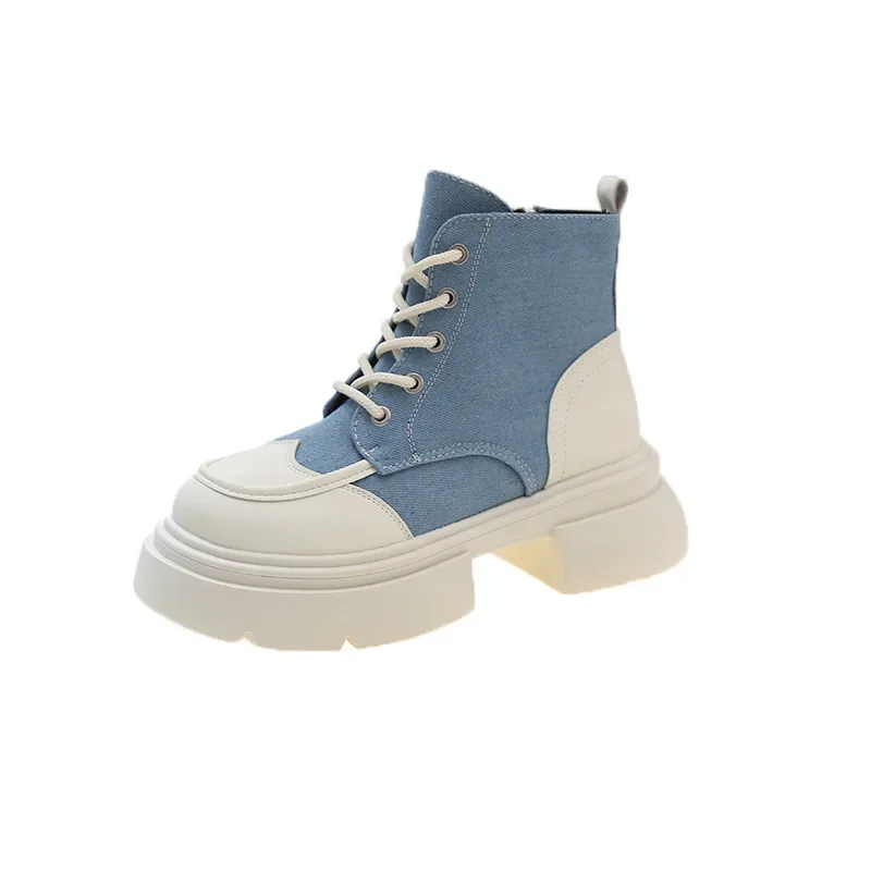 Retro Short Shoes for Woman Blue Ankle Boots Sock Footwear Combat Booties Suede Punk Style Heeled Autumn Boot Platform Sneakers