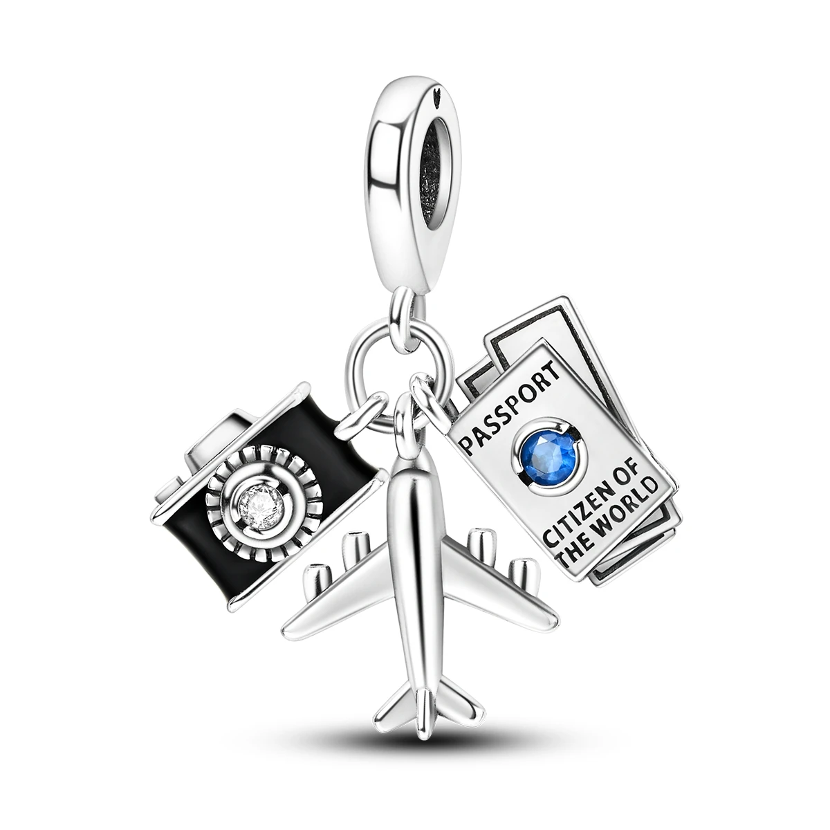 925 Sterling Silver Airplane Camera Passport Dangle Charm Bead Blue CZ Enamel DIY Bracelet for Women World Travel Jewelry Gift