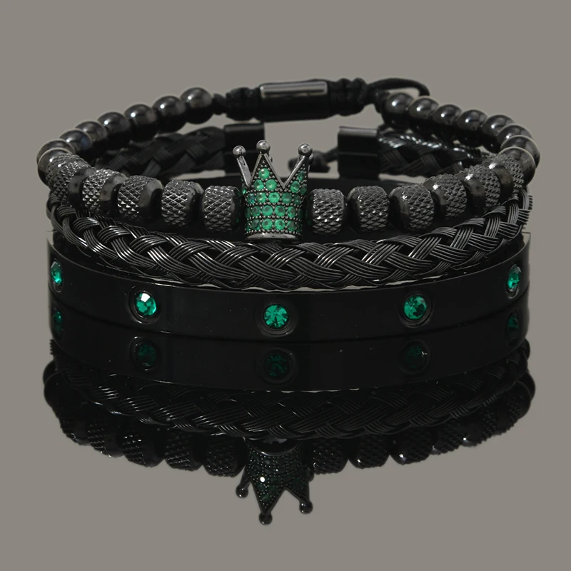 Luxury Set Green Eye Leopard Head Charm Handmade Man Bracelet Crystals Women Stainless Steel Bangles Jewelry