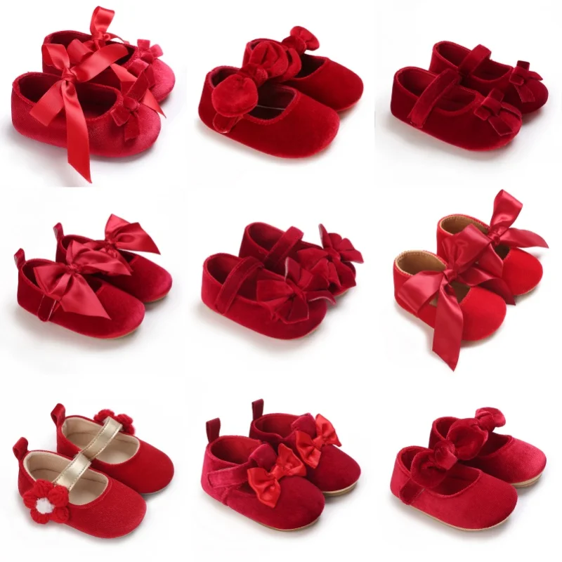 

Spring and Autumn Red Fluffy Children's Shoes 0-1 Year Old Women's Treasure Bow Solid Color Princess Soft soled Shoes Baby Shoes