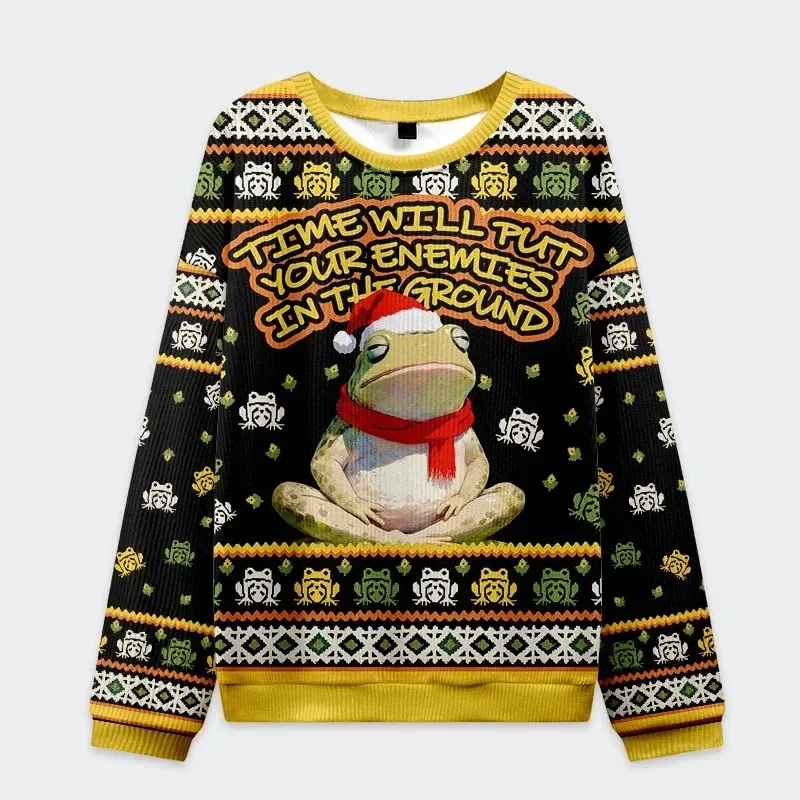 Unisex Ugly Christmas Sweatshirt Funny Meditation Frog Santa Hat Crewneck 3D Print Family Sweater Kids Adults Xmas Party Outfit