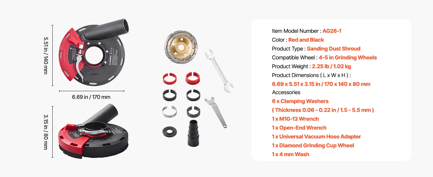 SucceBuy Grinding Dust Shroud for Angle Grinder Universal 4-5in with 6 Clamping Washers& 5in Diamond Grinding Cup Wheel for Wall