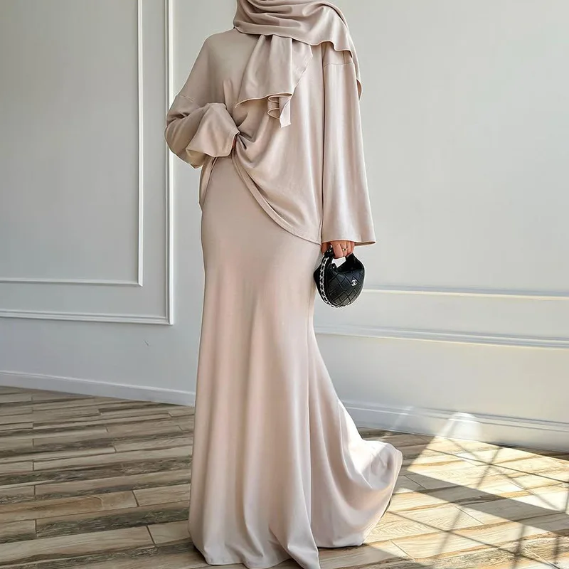 HKSH Spring Autumn New Women Two-piece Set O-neck Long Sleeve Solid Color Tee With Headscarf Casual Skirt Elegant Trendy HK12206