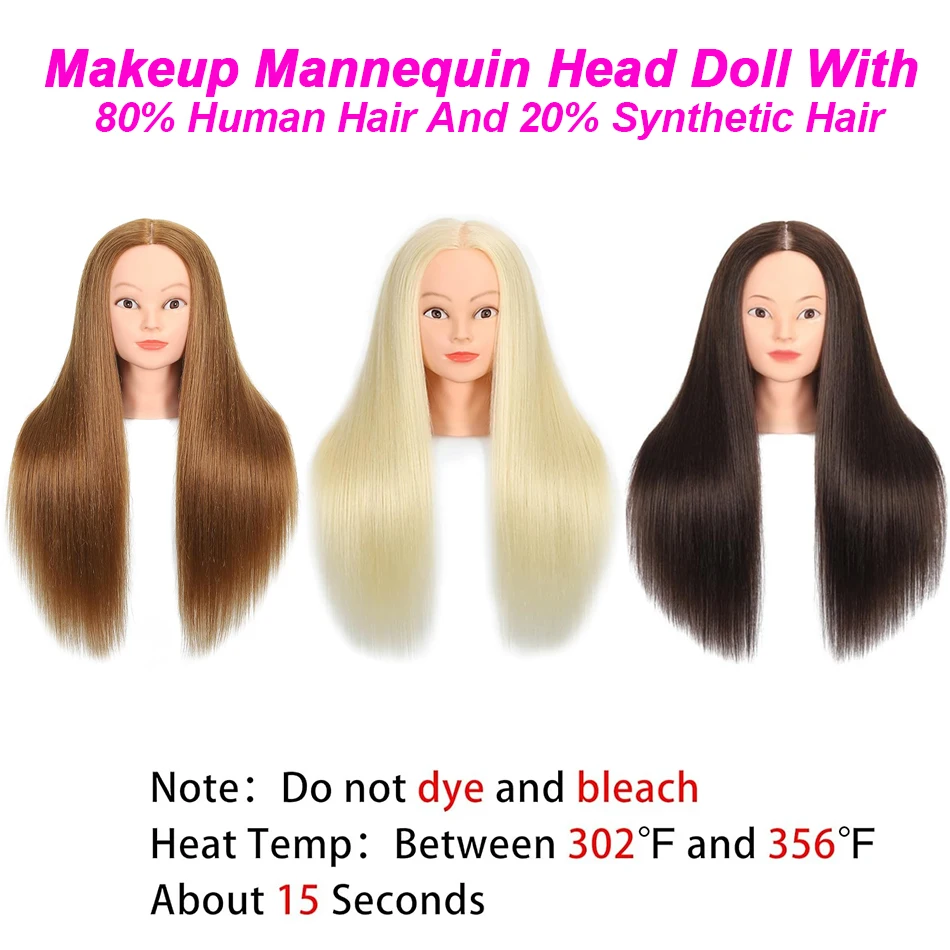 Cosmetology Mannequin Head with 80% mixed Human Hair For DIY Makeup Hair Styling Braiding Cutting Colourful Doll Head With Stand