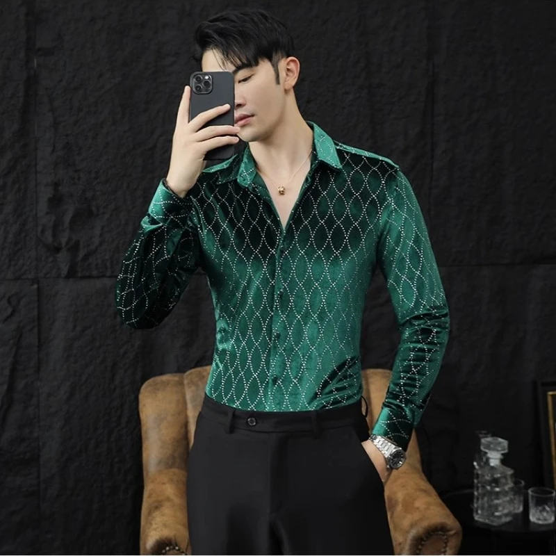 2023 Autumn Luxury Velvet Plaid Shirts Men Long Sleeved Casual Business Dress Shirts Fashion Slim Social Streetwear Men Clothing