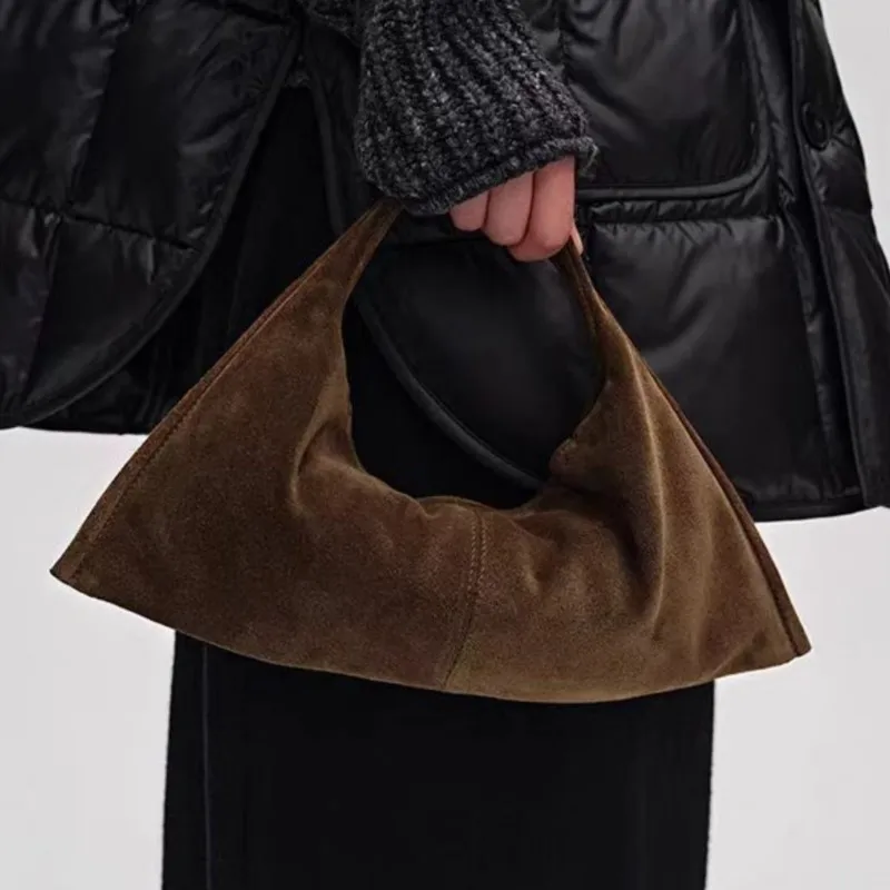 JIAERDI Vintage Brown Matte Triangle Handbag Women Suede Large Capacity Wristlet Bag Ladies Fashion Lightweight Versatile Purse