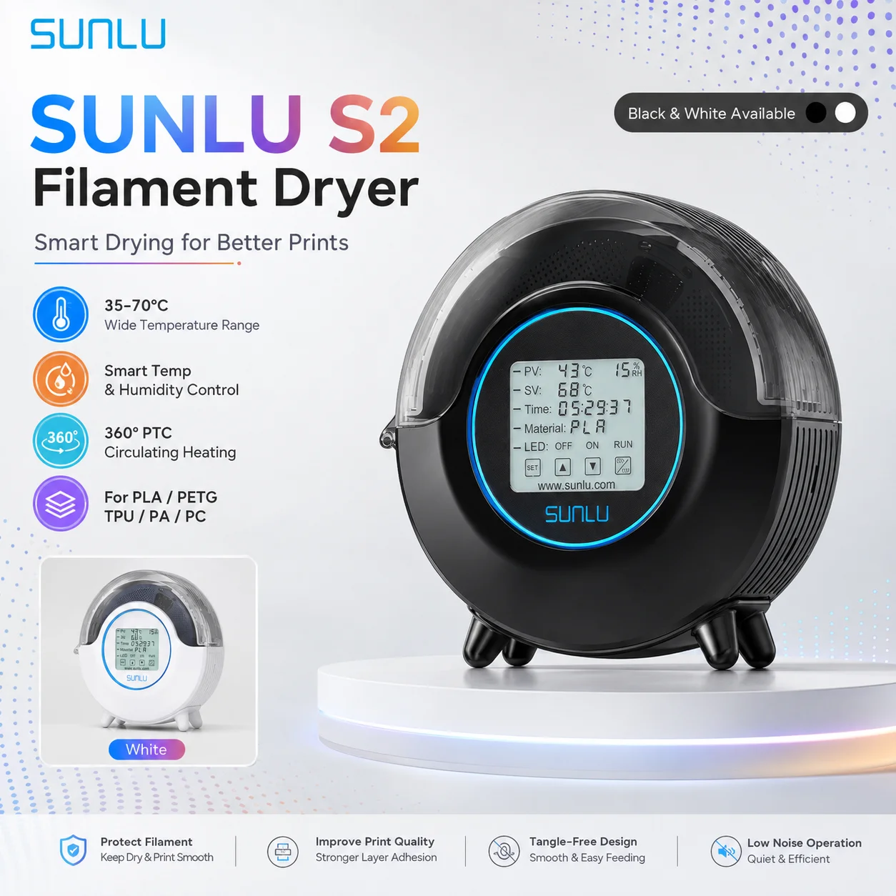 S2 Filament Dryer Box 70°C 360° Heating Smart Temperature Humidity Control for PLA PETG TPU PA PC