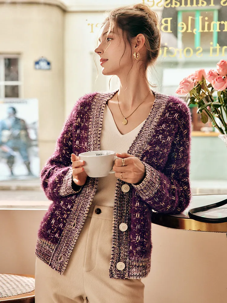 OLrain Women‘s Purple Knit Cardigan French 2025 Winter Oversized V-Neck Sweater Elegant Spliced Knitted Lady Jumpers O22DM66361