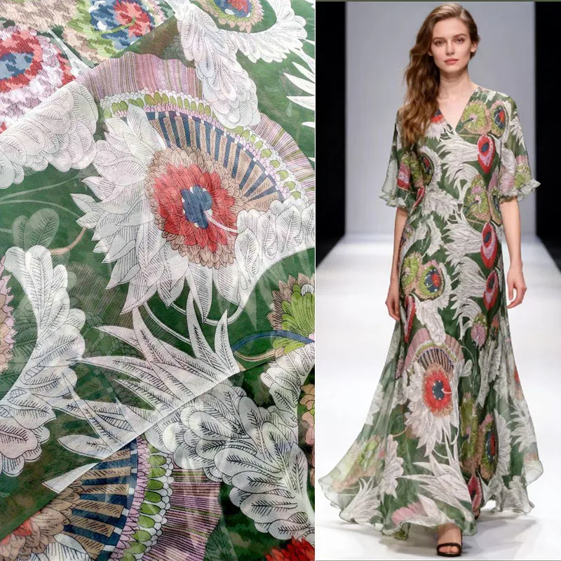 Georgette 100% Mulberry silk fabric meter pure silks story Floral Green leaves printd tissus roll tulle rouleau Wholesale retail