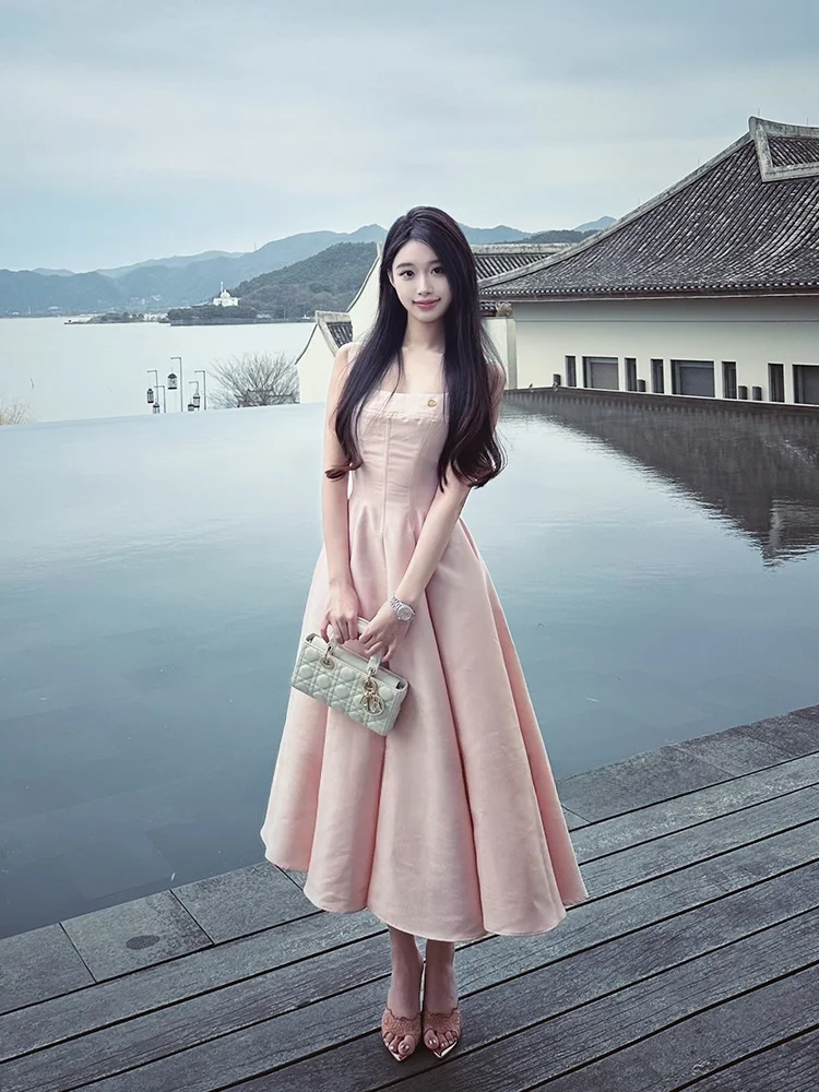 

Розовое атласное платье-жилет с завышенной талией, А-силуэт, длинная юбка, для дня рождения, церемоний, для взрослых, с высокой талией