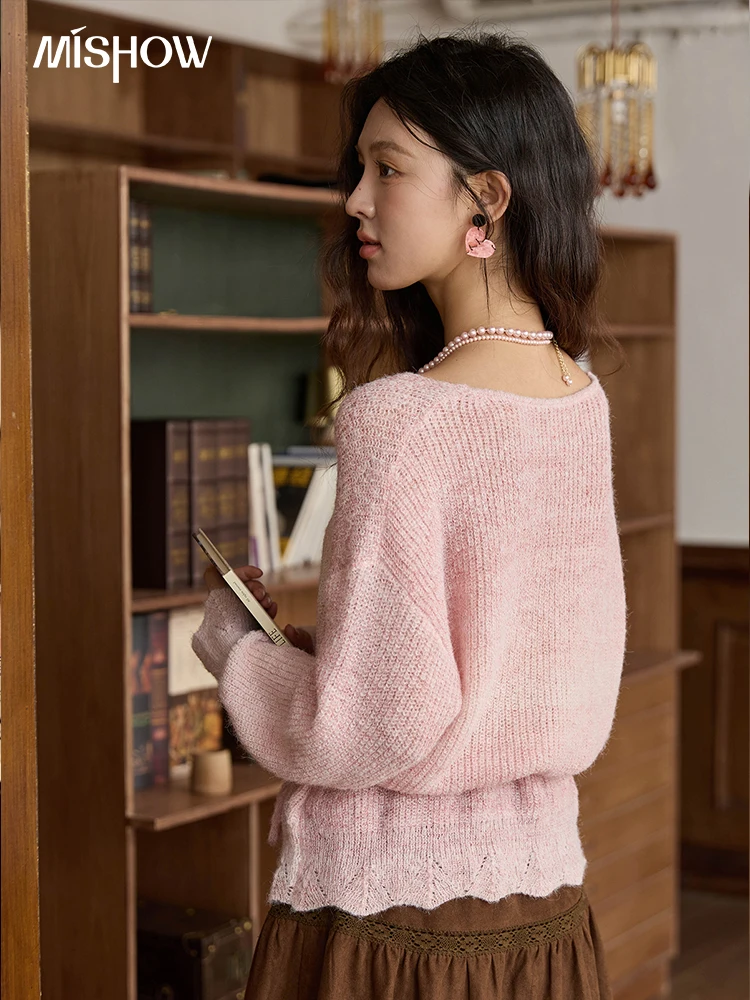 MISHOW Women's Pink Gradient Knitted Top 2025 Autumn French Wool Blend Ribbed Cuff Long Sleeve Tops with Knitted Rope MXE43Z1334 - Detail 1