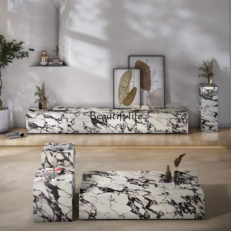 

4Italian light luxury stone slate creative wabi-sabi wind marble coffee table combination